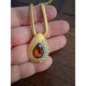 Necklace Pendant Simulated Garnet With Rhinestones Gold Tone 18" Adjustable